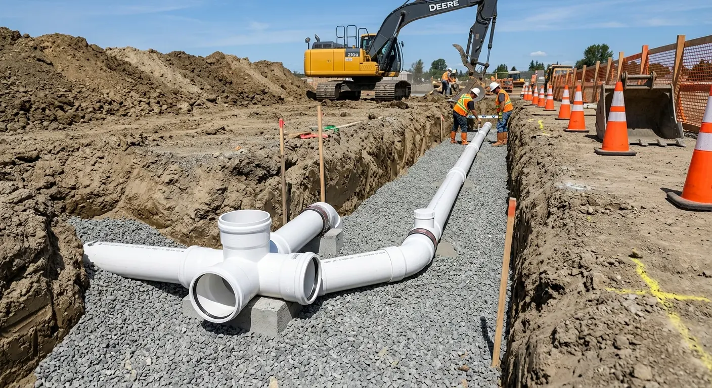 New PVC sewer pipe installation in open trench for Commercial Drain Cleaning in Statesville